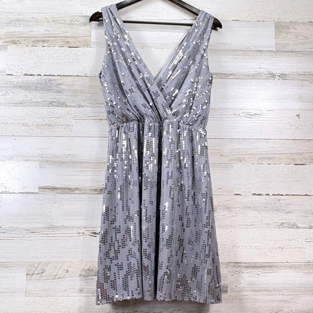 Express Sequin Mini Dress Women L Silver Sleeveless V-Neck Party Glam Cocktail